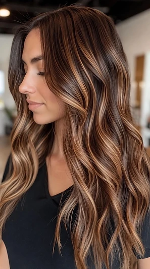 Femme aux cheveux longs ondulés avec balayage blond, coiffée au salon EB Coiffure à Dardilly