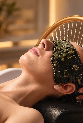 Séance de Head Spa sous une arche d’eau dorée