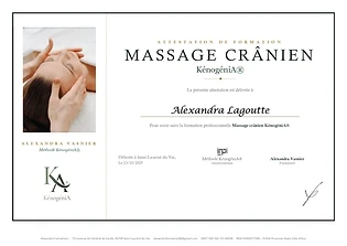 Attestation de formation Massage crânien KénogéniA® délivrée à Alexandra Vasnier