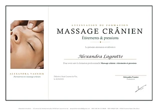 Attestation de formation Massage crânien délivrée à Alexandra Vasnier