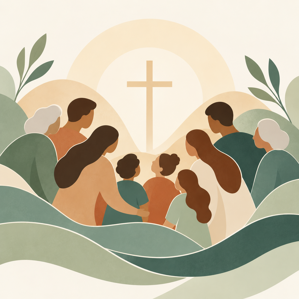An illustration of families of all ages gathered together on green hillsides, facing a cross