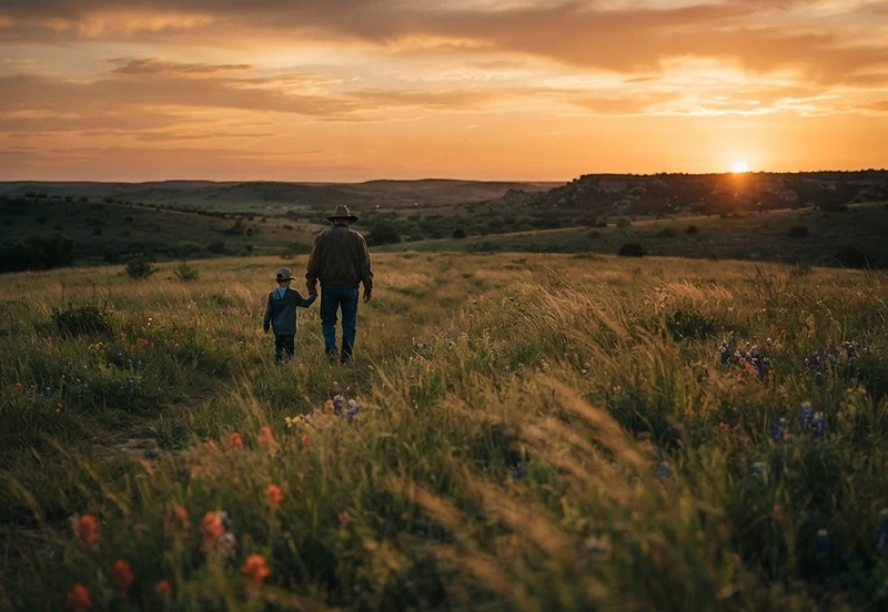 Texas meadow at golden hour with family walking in the distance