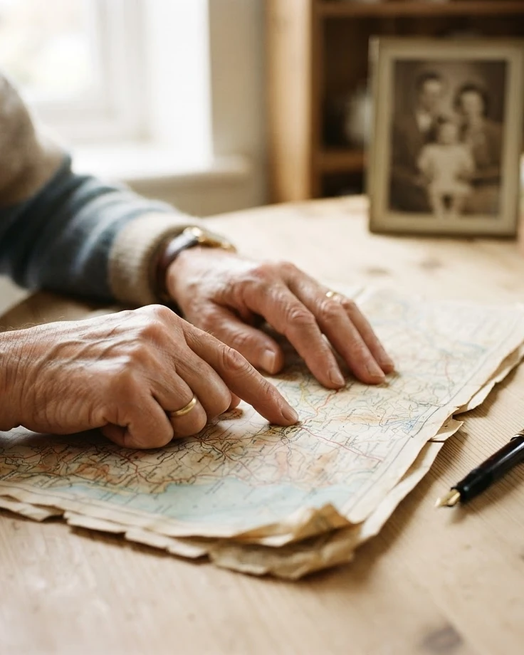 Hands holding a well-loved map on a wooden table in warm light
