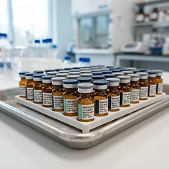 Lyophilised peptide vials on a sterile tray