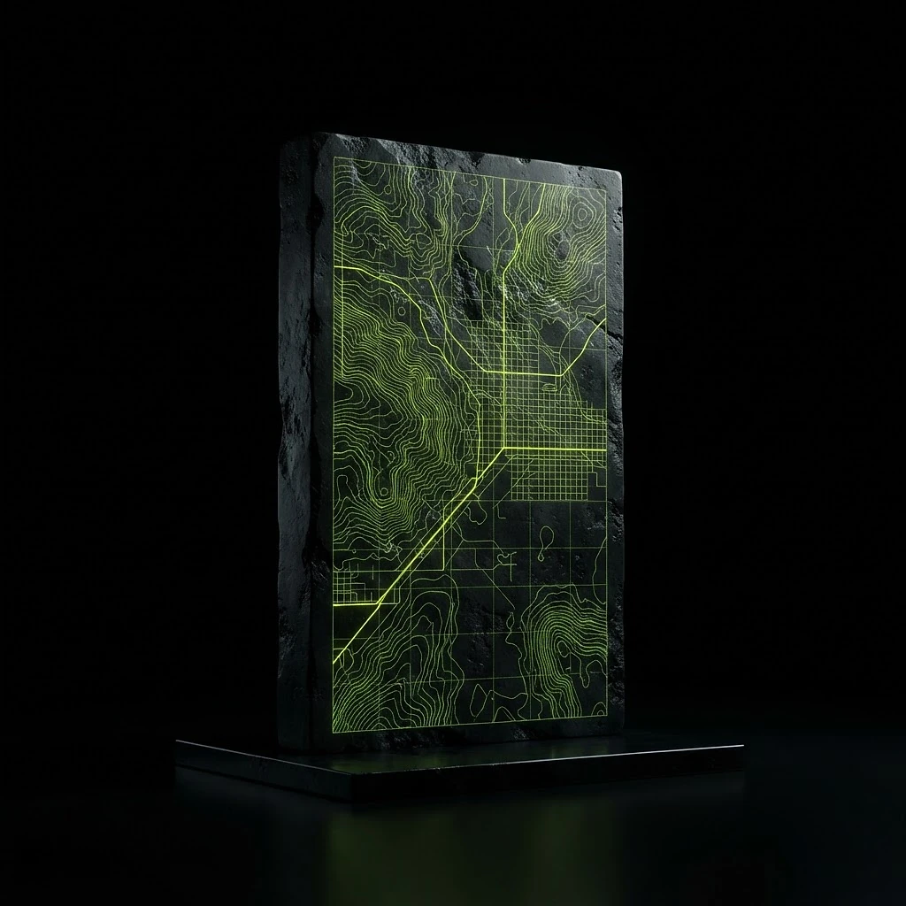 A dark monolithic slab etched with lime topographic lines, representing a brand's discoverability landscape being mapped.