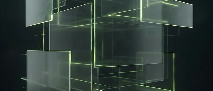 Layered translucent glass panels with lime-lit edges, representing AI answer surfaces and structured data.