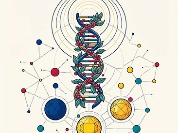 Sacred-geometry illustration of a coffee DNA double helix made of coffee branches, spiraling through concentric circles with species orbs and lineage lines.