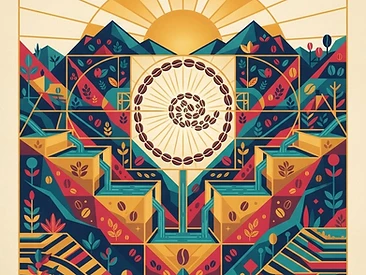An abstract illustration using sacred geometry to show water moving through washing station tanks, centered on a Fibonacci spiral of coffee beans.