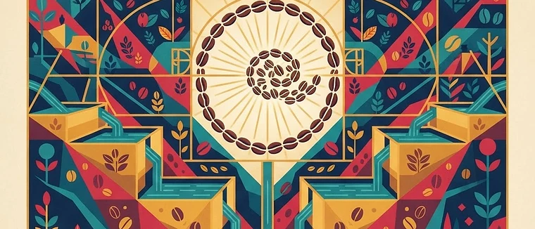An abstract illustration using sacred geometry to show water moving through washing station tanks, centered on a Fibonacci spiral of coffee beans.