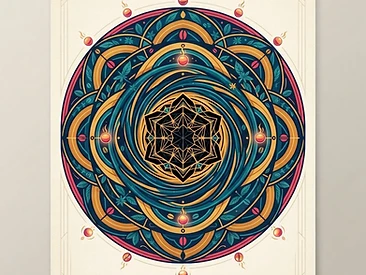 Sacred-geometry editorial artwork of a calm dark-roast core wrapped in soothing protective rings like a gentle mandala.