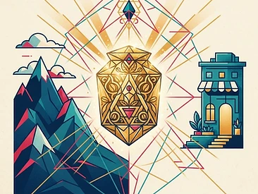 An abstract illustration showing geometric light paths connecting distant coffee mountains to a small roastery, representing the logistics of trade.