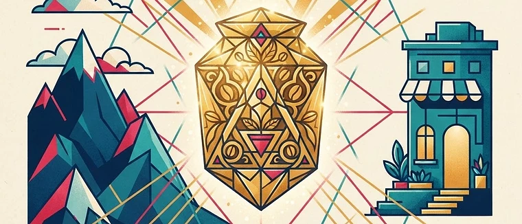 An abstract illustration showing geometric light paths connecting distant coffee mountains to a small roastery, representing the logistics of trade.