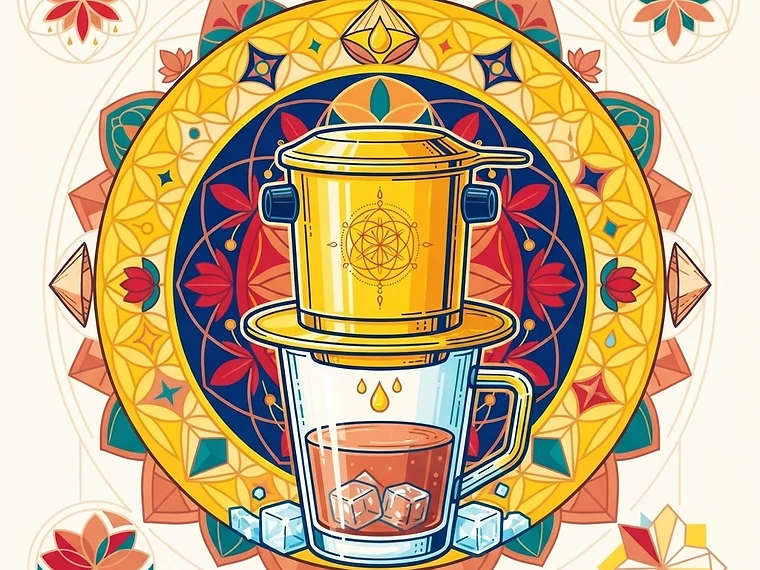 Bright sacred-geometry editorial artwork of the Vietnamese Phin Slow drip brewing device inside radiating mandala rings, Slow drip, Vietnamese, Iced