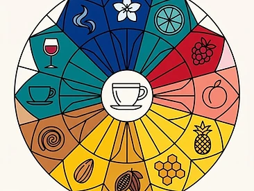 Sacred-geometry illustration of a flavor mandala — geometric wedges holding emblems of jasmine, citrus, berries, cacao, cinnamon and smoke around a central cup.