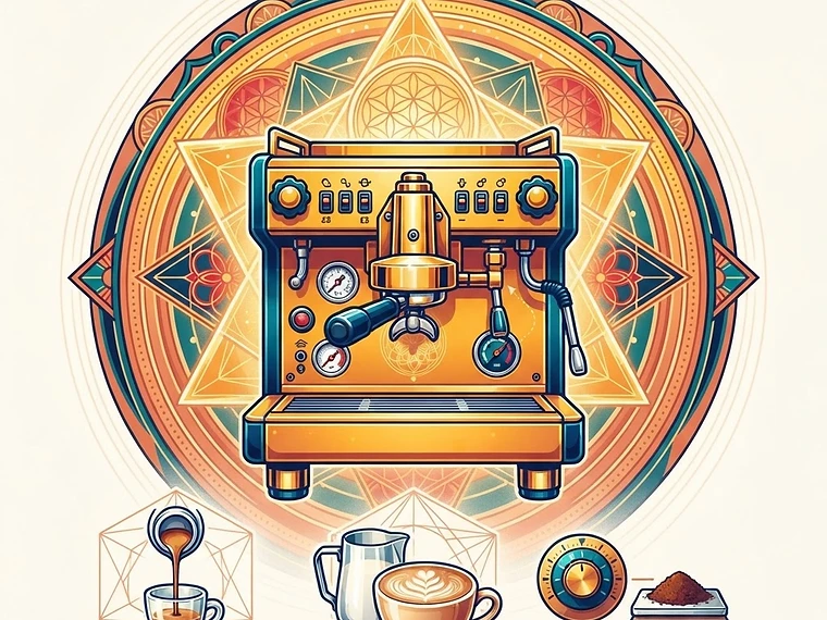 Bright sacred-geometry editorial artwork of the Espresso Machine Espresso brewing device inside radiating mandala rings, Espresso, Milk drinks, Dial-in craft