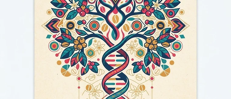 A scientific illustration showing a DNA strand branching into a vibrant coffee tree with geometric leaves.
