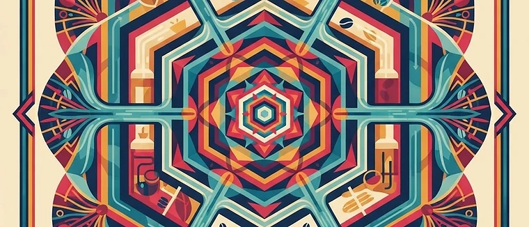 Geometric rendering of a coffee washing station with flowing water channels represented by repeating sacred geometry patterns.