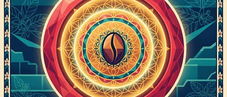 A stylized, geometric illustration of a coffee bean surrounded by golden, honey-like layers, representing the honey processing method.