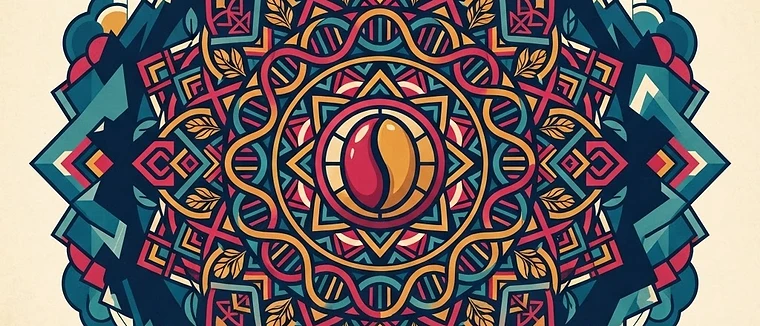 A geometric mandala illustration representing the intersection of coffee genetics, climate resilience, and mountain landscape.