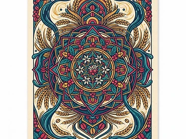 A sacred geometry illustration featuring coffee cherries and beans arranged in a mandala pattern, representing the balance of global supply and harvest cycles.
