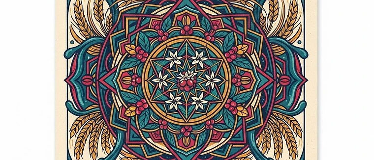 A sacred geometry illustration featuring coffee cherries and beans arranged in a mandala pattern, representing the balance of global supply and harvest cycles.
