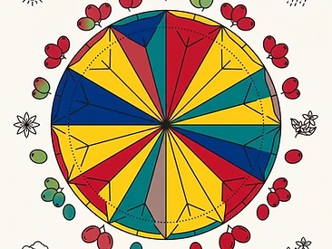 Sacred-geometry illustration of a twelve-segment mandala of the months with coffee cherries ripening through the seasons.