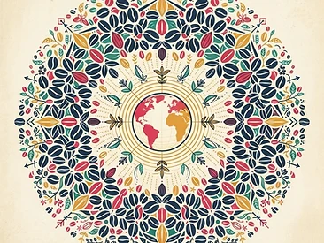 A detailed mandala made of coffee beans and golden geometric patterns centering on a glowing earth, representing the global impact of the coffee trade.