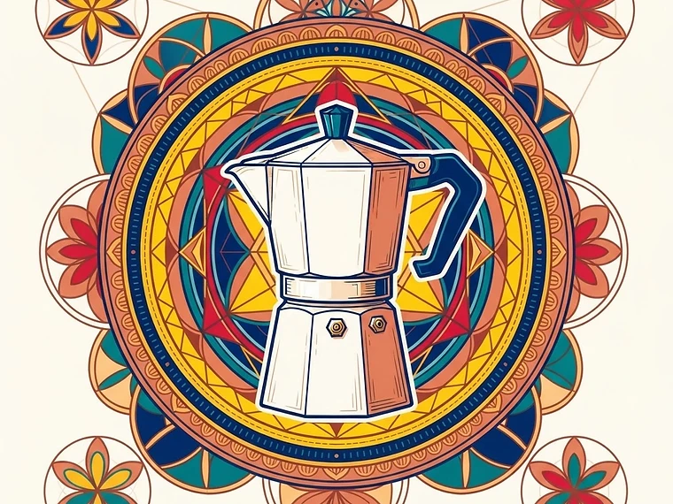 Bright sacred-geometry editorial artwork of the Moka Pot Stovetop pressure brewing device inside radiating mandala rings, Stovetop, Strong coffee, Classic