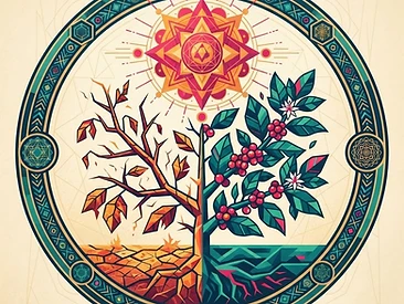 A coffee plant divided geometrically down its center — one half sun-scorched and cracked, the other thriving and green — enclosed in a sacred-geometry circle of renewal.