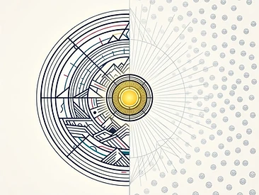Sacred geometry artwork contrasting one luminous, intricately detailed single farm against a vast field of hundreds of tiny anonymous farms