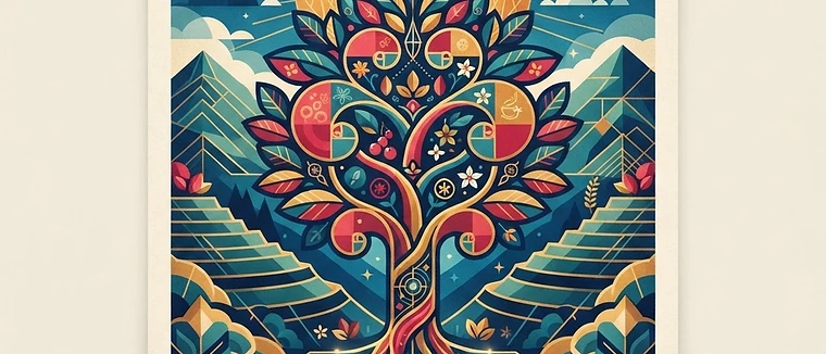 A stylized coffee tree growing from a circuit board, symbolizing the intersection of nature and artificial intelligence in modern coffee agriculture.