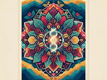 A sacred geometry inspired illustration showing a coffee plant's genetic structure merging with the shape of a mountain landscape.