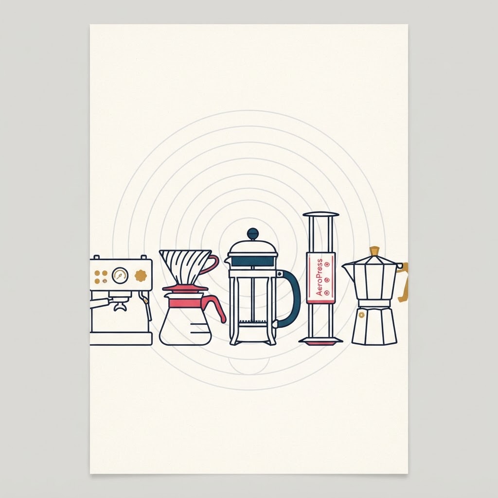 Editorial poster illustration of iconic coffee brewers — espresso machine, pour-over cone, French press, AeroPress and moka pot — in the site's sacred-geometry style.