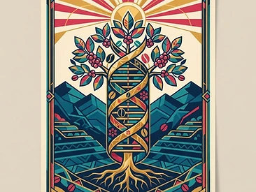 A golden, geometric double-helix structure integrating with a coffee shrub and mountain terracing to symbolize the intersection of genetics and agriculture.