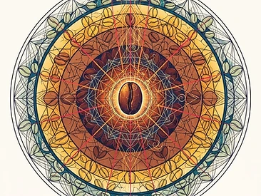 Sacred-geometry illustration of a coffee bean transforming through roast stages from pale green to deep amber across concentric rings.