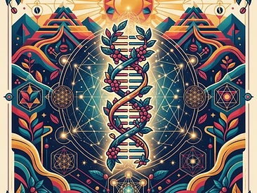 A symbolic artwork showing the fusion of genetic code and coffee plant life in a sacred geometric pattern.