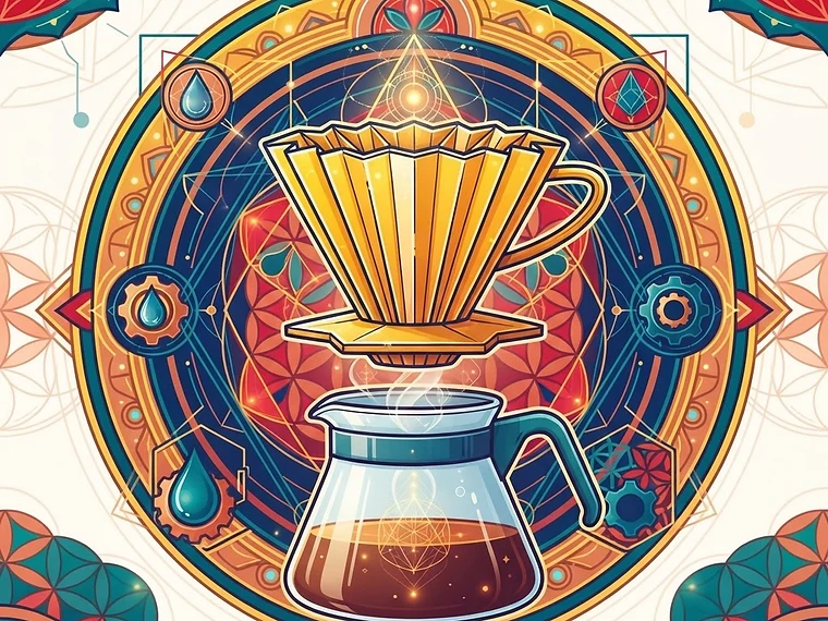 Bright sacred-geometry editorial artwork of the Origami Dripper Pour-over brewing device inside radiating mandala rings, Pour-over, Modern gear, Versatile