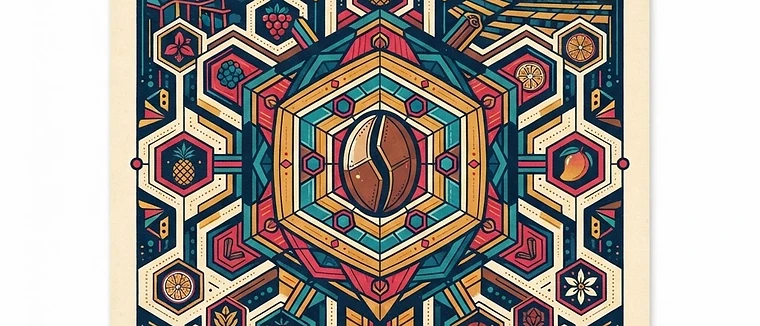 A stylized, geometric illustration showing the internal structure of a coffee cherry transforming into fruit and spice elements.