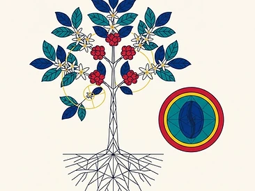 Sacred-geometric botanical illustration of a coffee plant as a mandala — geometric roots, symmetrical branches, white flowers, red cherries and a cherry cross-section.