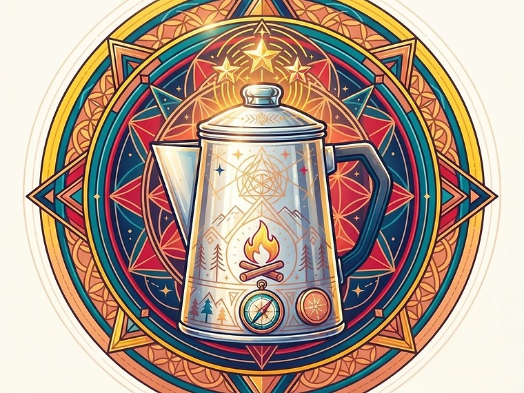 Bright sacred-geometry editorial artwork of the Stovetop Percolator Recirculating brewing device inside radiating mandala rings, Camping, Big batch, Nostalgia