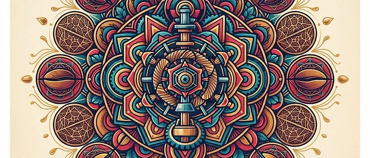 A symmetrical diagram showing the internal mechanics of a burr grinder blended with golden sacred geometry patterns and stylized coffee beans.