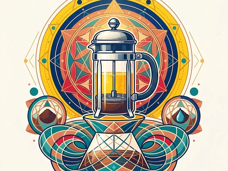Bright sacred-geometry editorial artwork of the French Press Immersion brewing device inside radiating mandala rings, Immersion, Full body, Classic