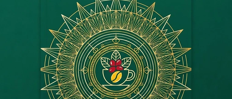 Sacred-geometry sunburst mandala around a coffee cherry and cup in gold and cream on emerald green