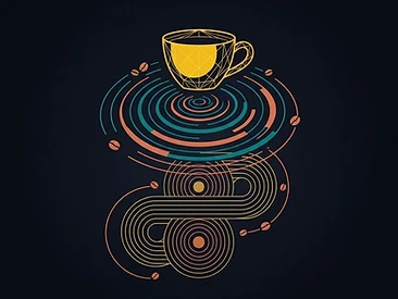 A golden coffee cup emitting luminous teal and terracotta energy waves that spiral down a winding geometric pathway on a deep navy field.