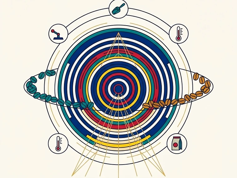 Sacred-geometry illustration of a geometric roasting drum with green beans entering and amber beans leaving, heat rays and roaster tools in orbit.