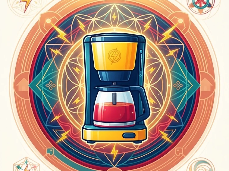 Bright sacred-geometry editorial artwork of the SCA-Certified Auto Drip Machine Electric drip brewing device inside radiating mandala rings, Electric, Hands-off, Household