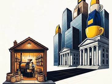 Editorial illustration contrasting a small independent coffee roastery with corporate skyscrapers stacked with coffee brands, in the site's cream, navy and amber palette