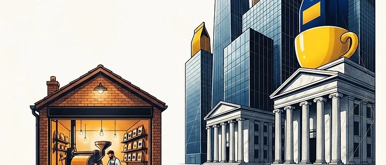 Editorial illustration contrasting a small independent coffee roastery with corporate skyscrapers stacked with coffee brands, in the site's cream, navy and amber palette