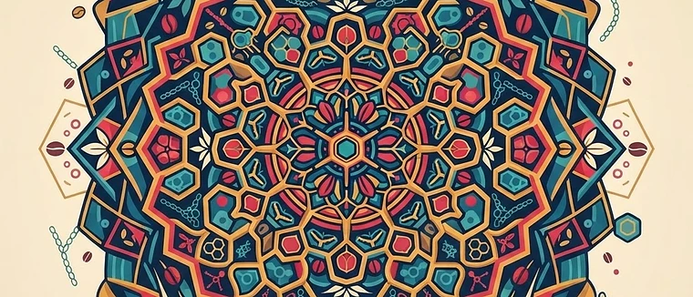 A vibrant, geometric illustration showing the microscopic fermentation process inside a coffee cherry.