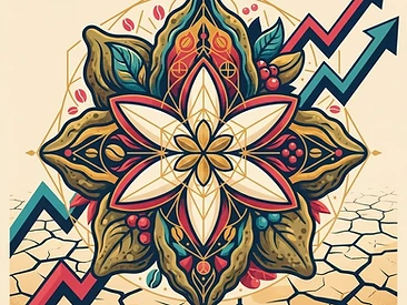 A geometric illustration of a coffee blossom evolving into a compostable pod, symbolizing the intersection of agricultural sustainability and modern technology.